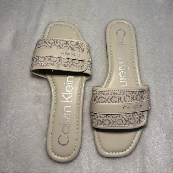 Calvin Klein Beige Logo Band Slide Sandals - Picture 2 of 3
